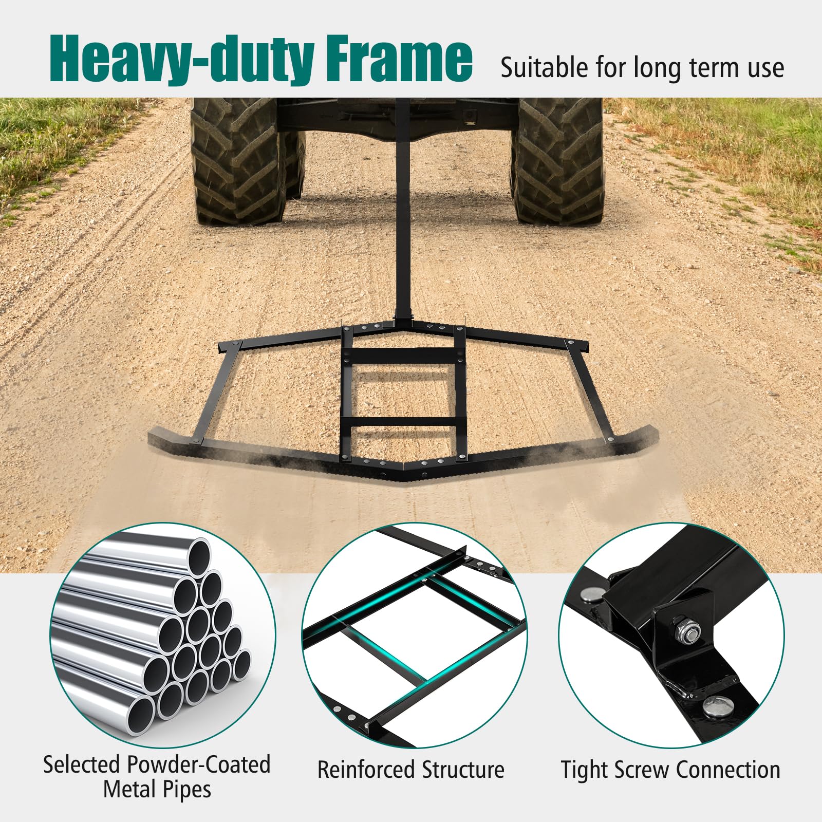 Goplus 66" Wide Driveway Drag Tow Behind Landscape Leveling Rake w/Reinforced Bars - Image 6