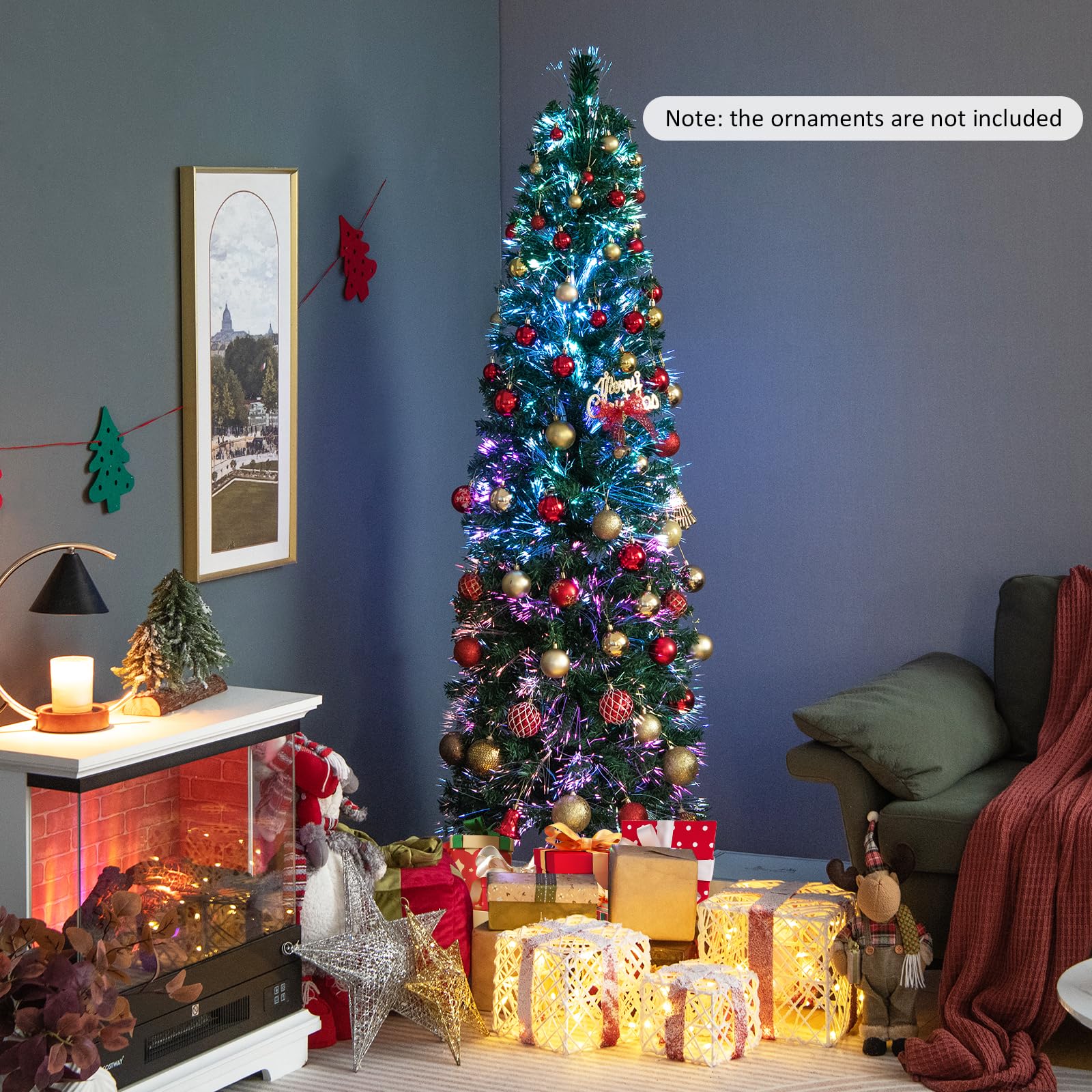 Goplus 6ft / 7ft / 8ft Fiber Optic Pencil Christmas Tree Xmas Full Tree for Home Office Holiday Decor - Image 2