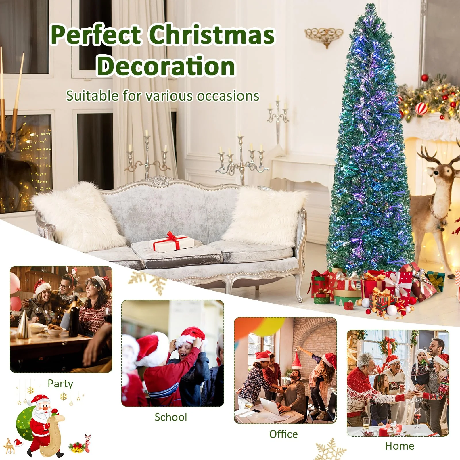 Goplus 6ft / 7ft / 8ft Fiber Optic Pencil Christmas Tree Xmas Full Tree for Home Office Holiday Decor - Image 3