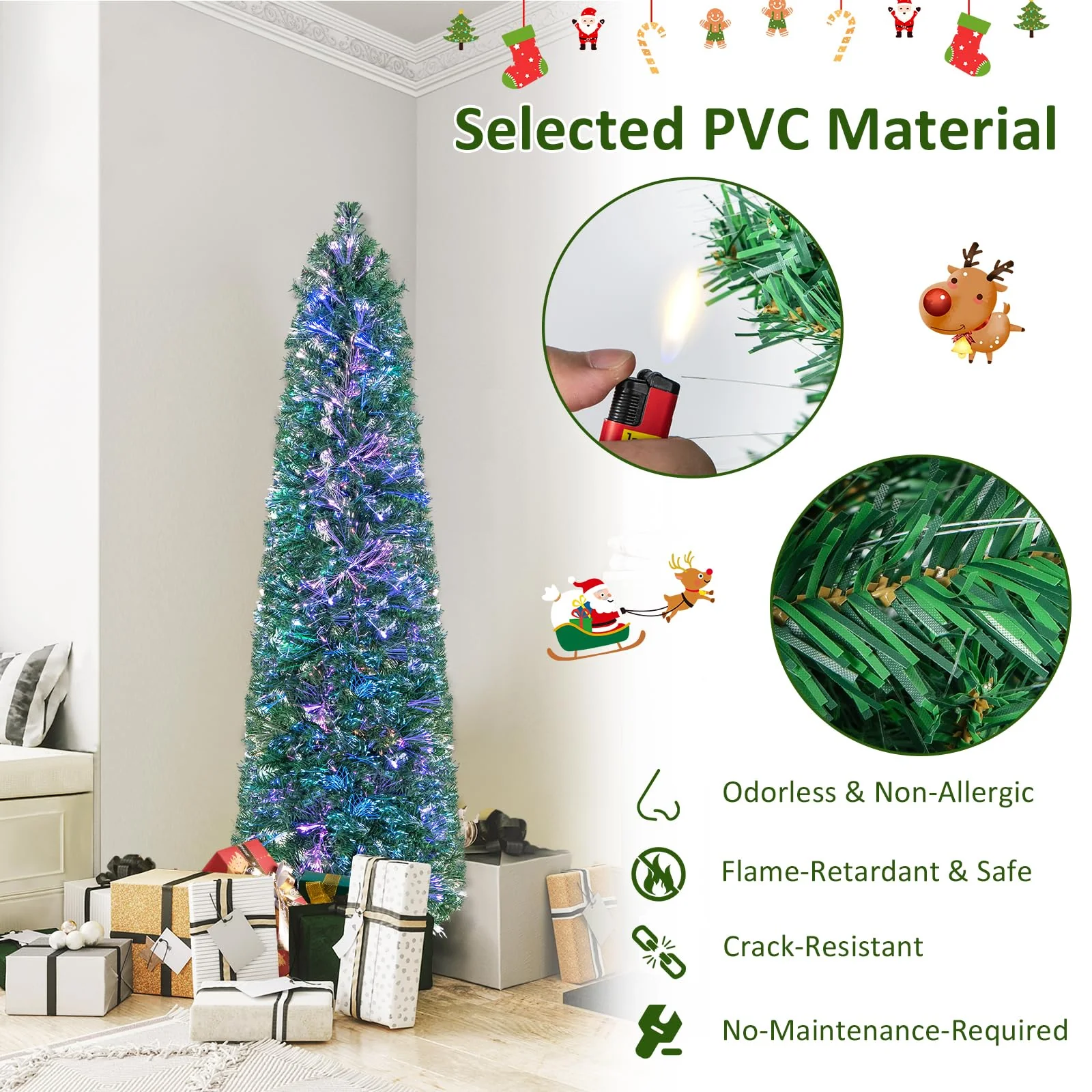 Goplus 6ft / 7ft / 8ft Fiber Optic Pencil Christmas Tree Xmas Full Tree for Home Office Holiday Decor - Image 5