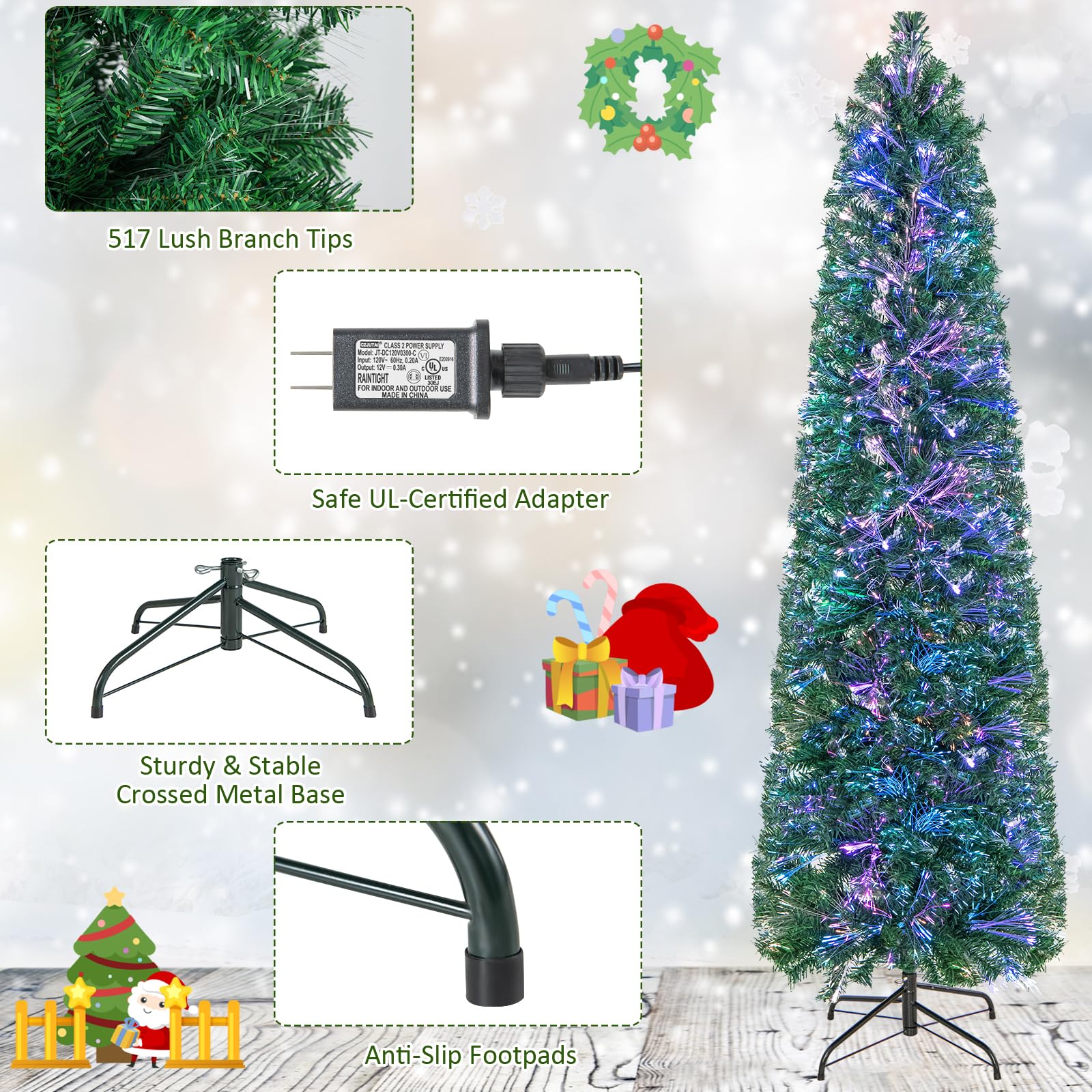Goplus 6ft / 7ft / 8ft Fiber Optic Pencil Christmas Tree Xmas Full Tree for Home Office Holiday Decor - Image 6