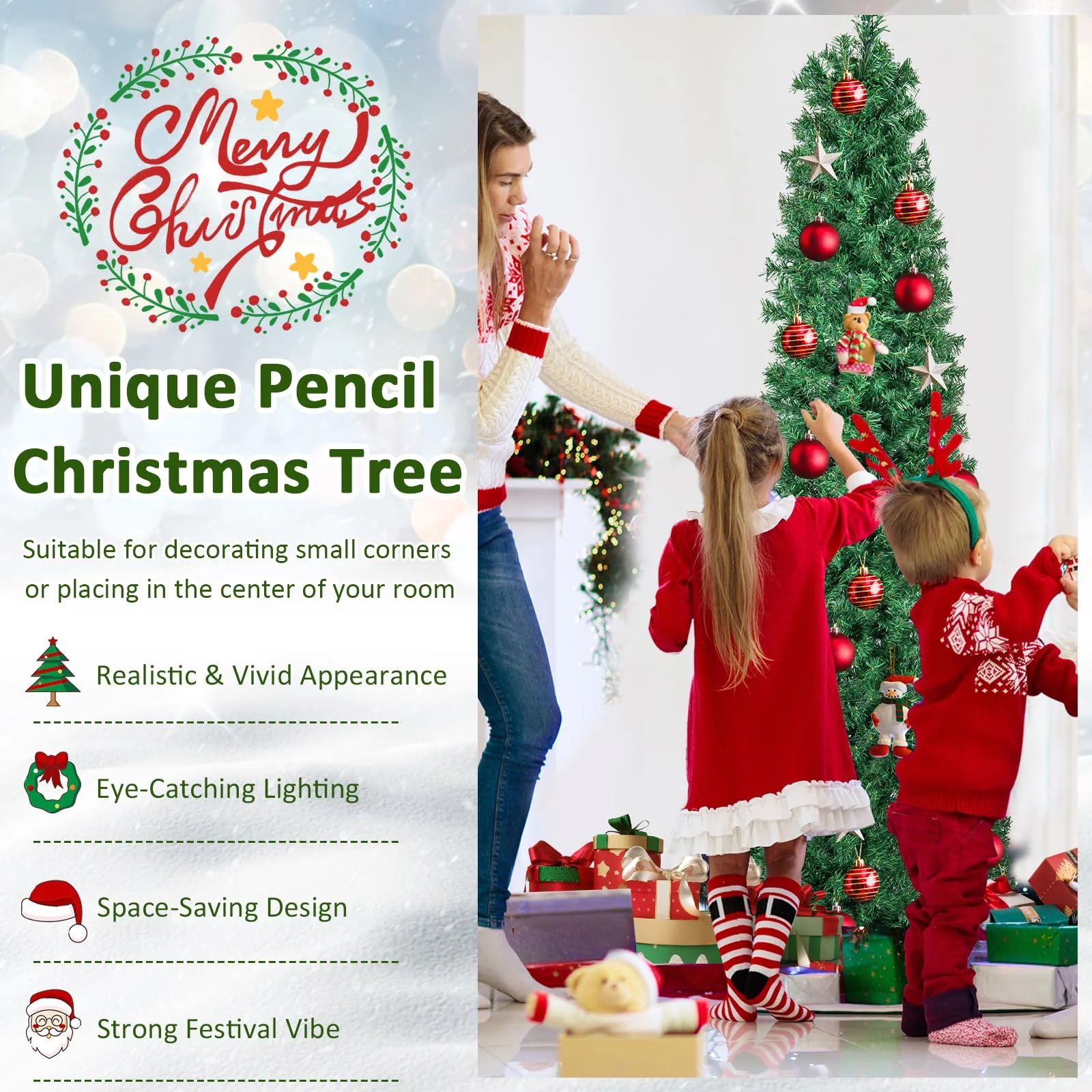 Goplus 6ft / 7ft / 8ft Fiber Optic Pencil Christmas Tree Xmas Full Tree for Home Office Holiday Decor - Image 8