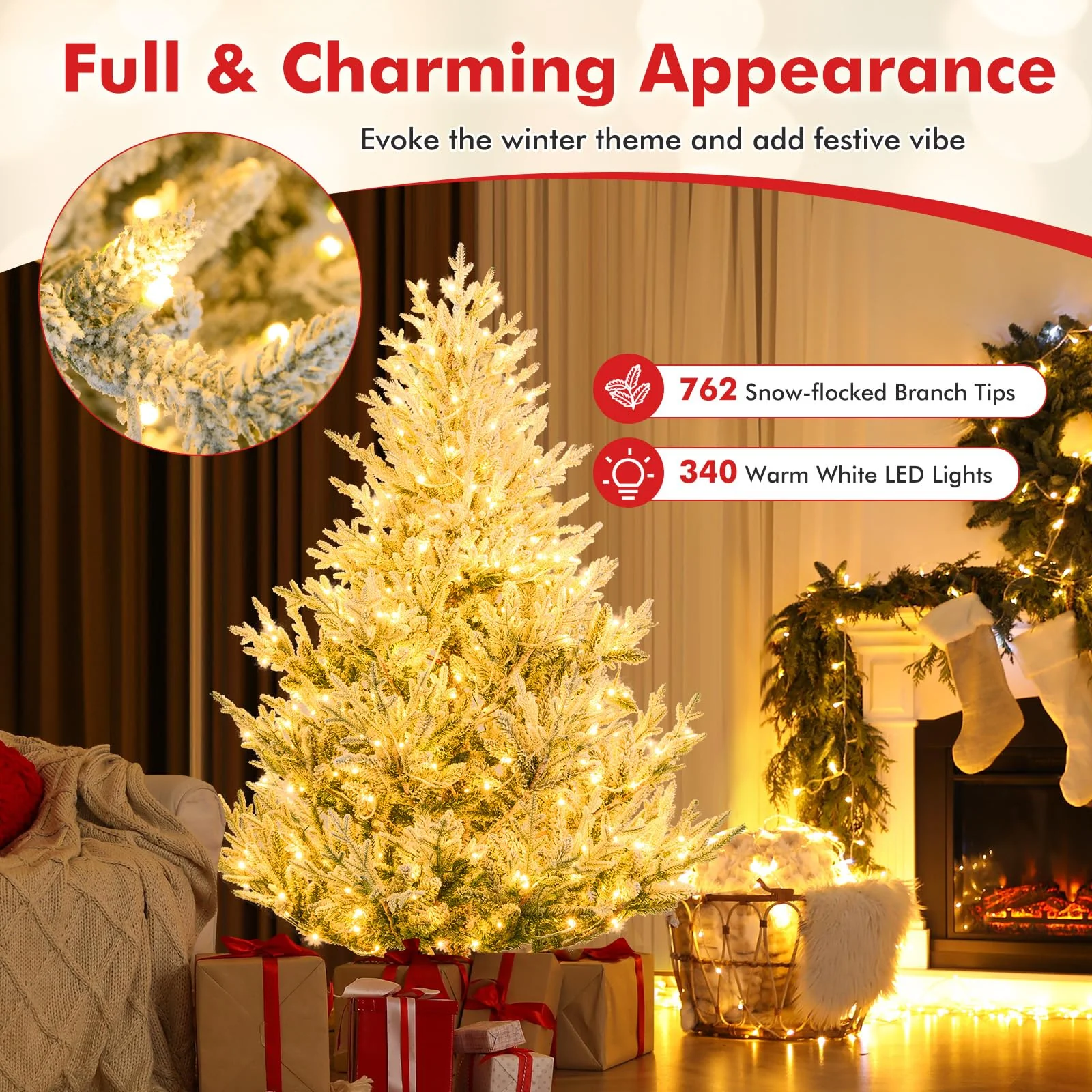 Goplus 6FT / 7FT / 8FT Pre-Lit Snow Flocked Christmas Tree | Holiday Home Office Decoration - Image 3