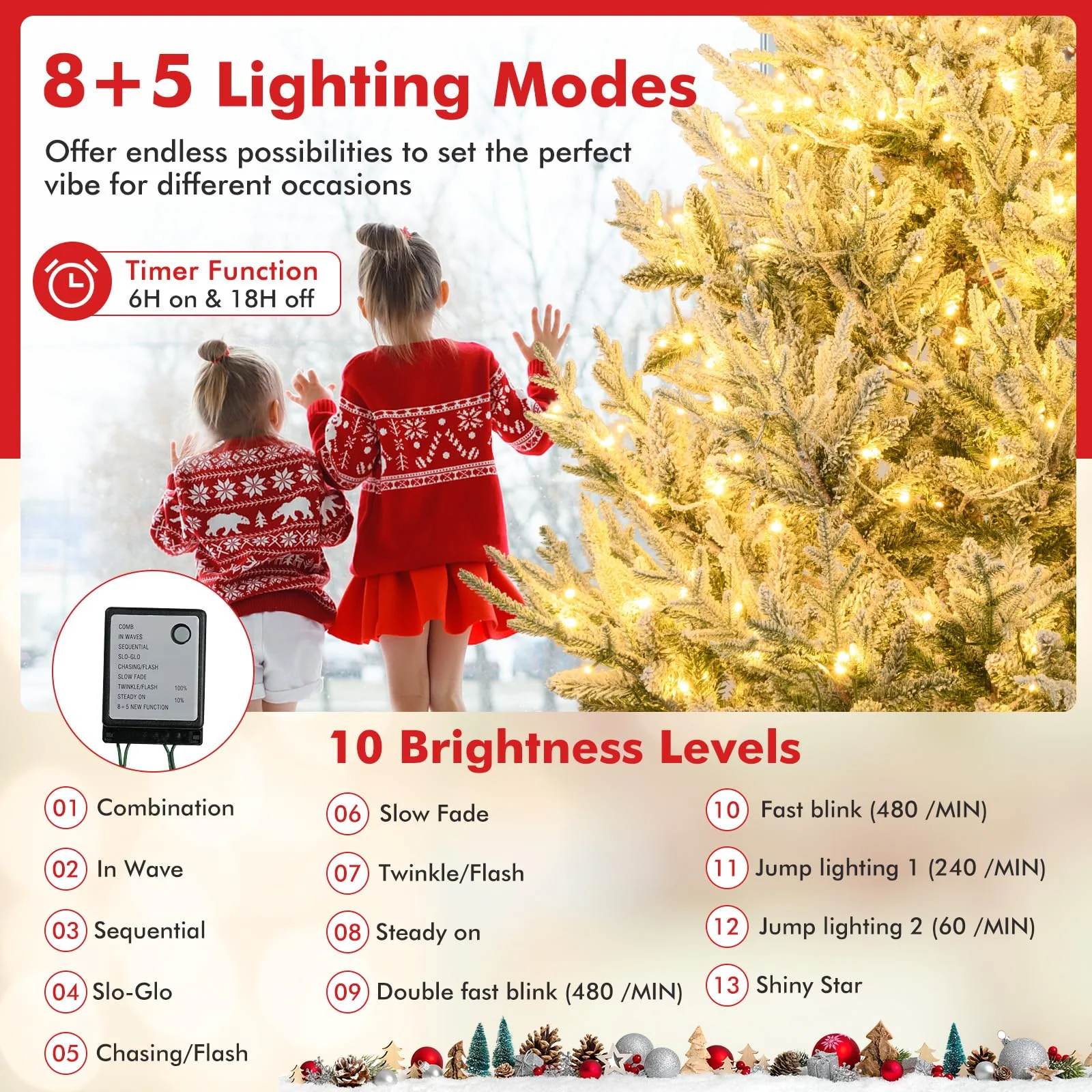 Goplus 6FT / 7FT / 8FT Pre-Lit Snow Flocked Christmas Tree | Holiday Home Office Decoration - Image 4
