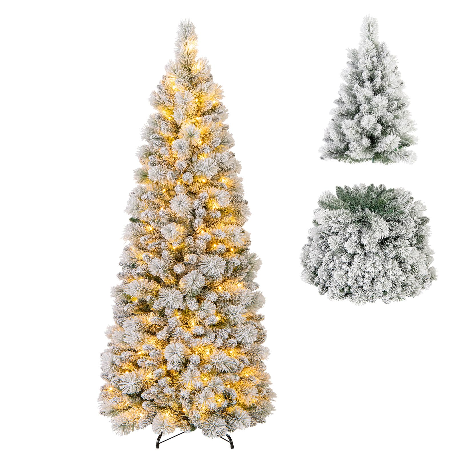 Goplus 6ft / 7ft Pre-Lit Pop Up Christmas Tree Collapsible Snow Flocked Artificial Xmas Tree