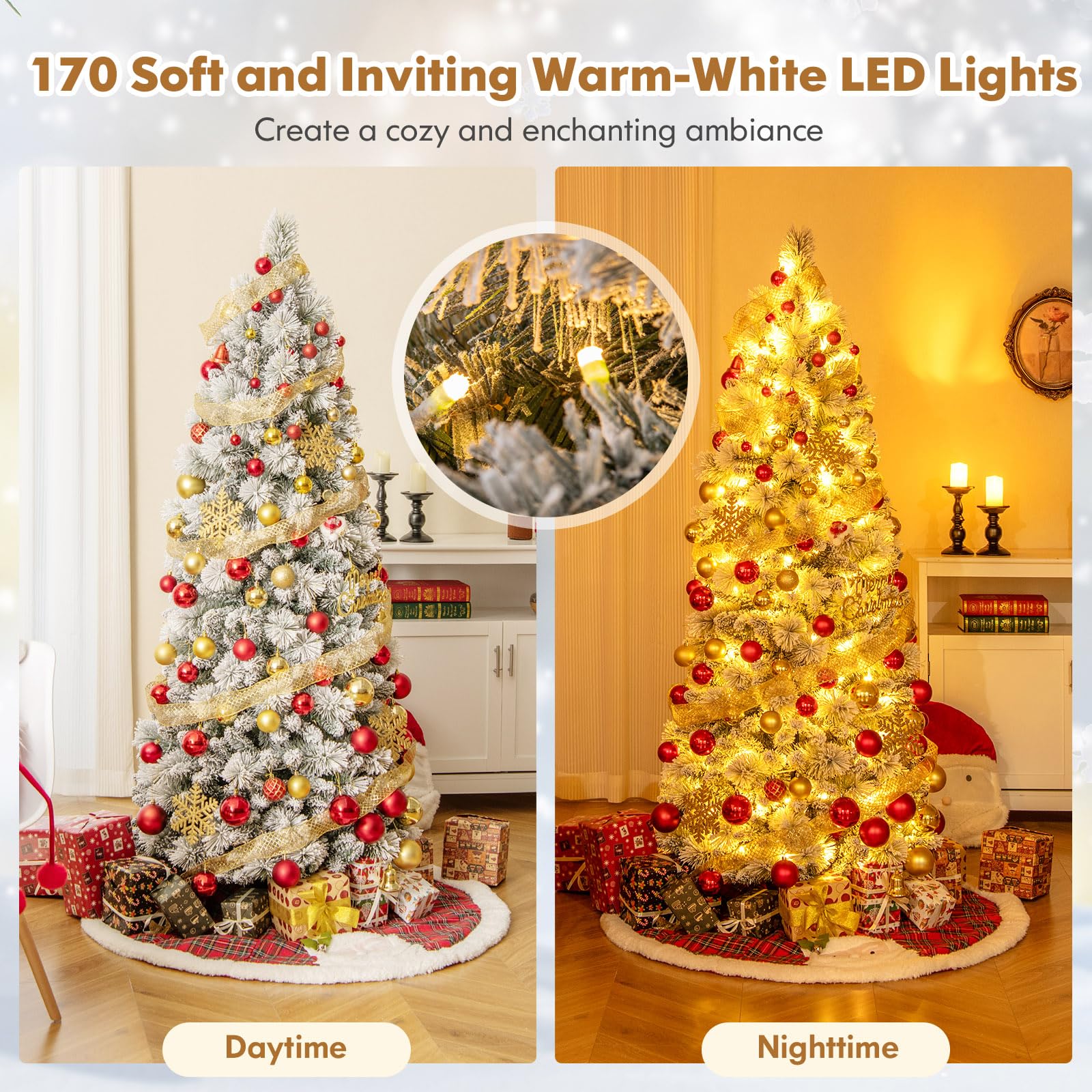 Goplus 6ft / 7ft Pre-Lit Pop Up Christmas Tree Collapsible Snow Flocked Artificial Xmas Tree - Image 2