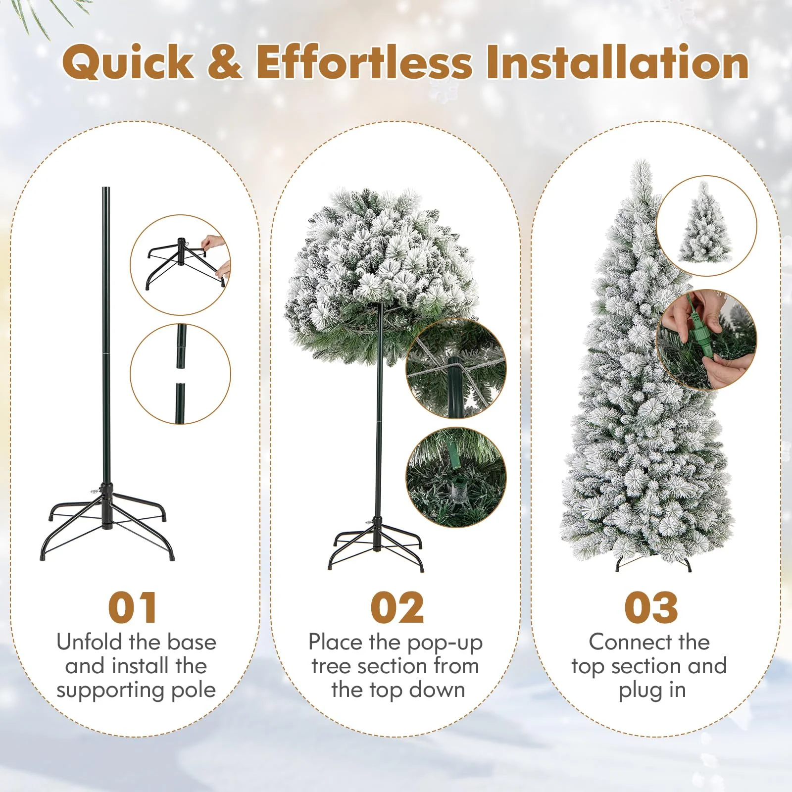 Goplus 6ft / 7ft Pre-Lit Pop Up Christmas Tree Collapsible Snow Flocked Artificial Xmas Tree - Image 3