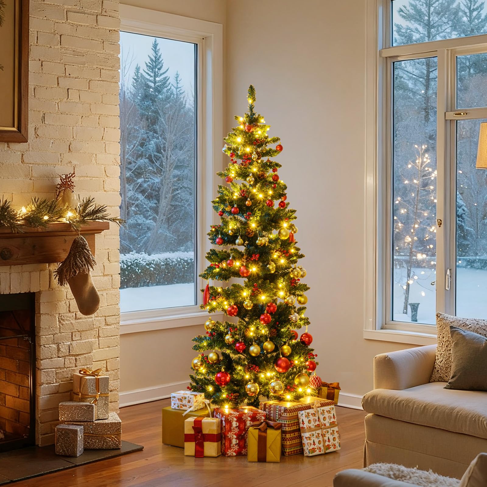 Goplus 6FT / 7FT Pre-Lit Spiral Christmas Tree with Branch Tips Pine Cones Red Berries - Image 2