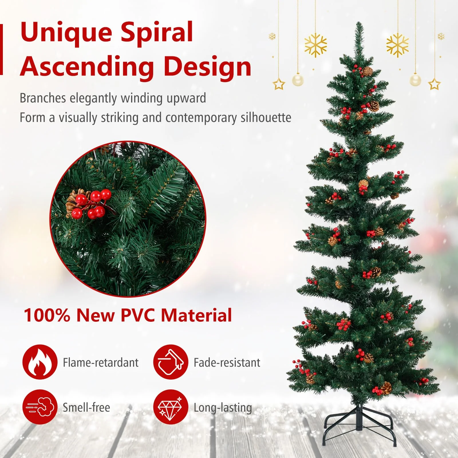 Goplus 6FT / 7FT Pre-Lit Spiral Christmas Tree with Branch Tips Pine Cones Red Berries - Image 4