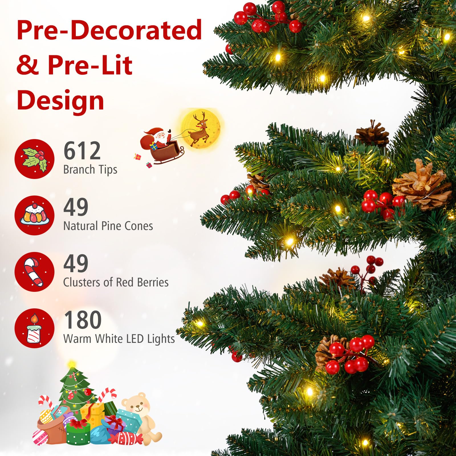 Goplus 6FT / 7FT Pre-Lit Spiral Christmas Tree with Branch Tips Pine Cones Red Berries - Image 5