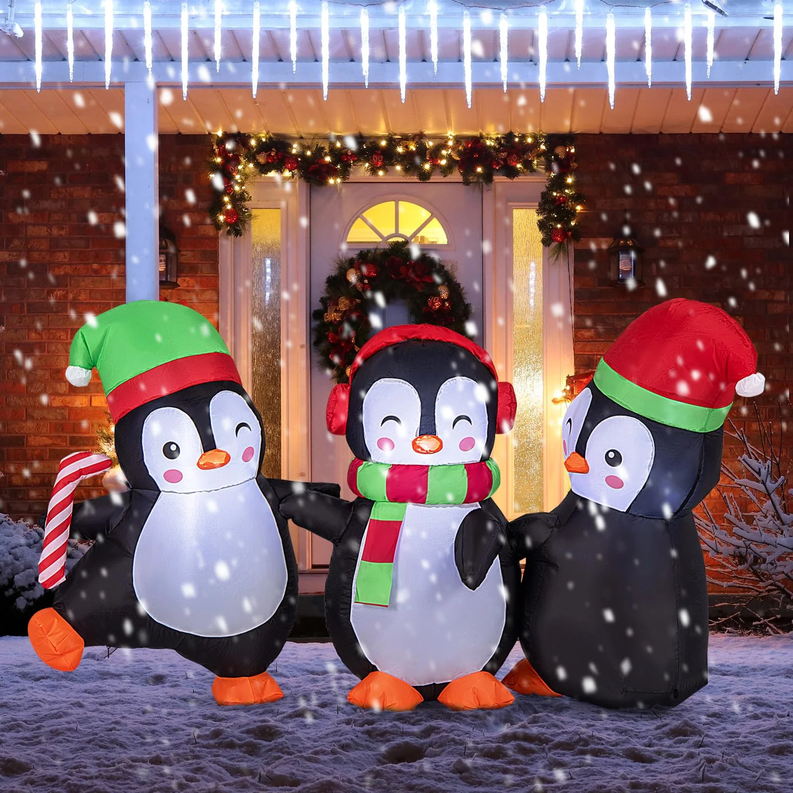 Goplus 6FT Christmas Inflatables, LED Lighted Xmas Inflatable Penguin Family Hand in Hand - Image 2