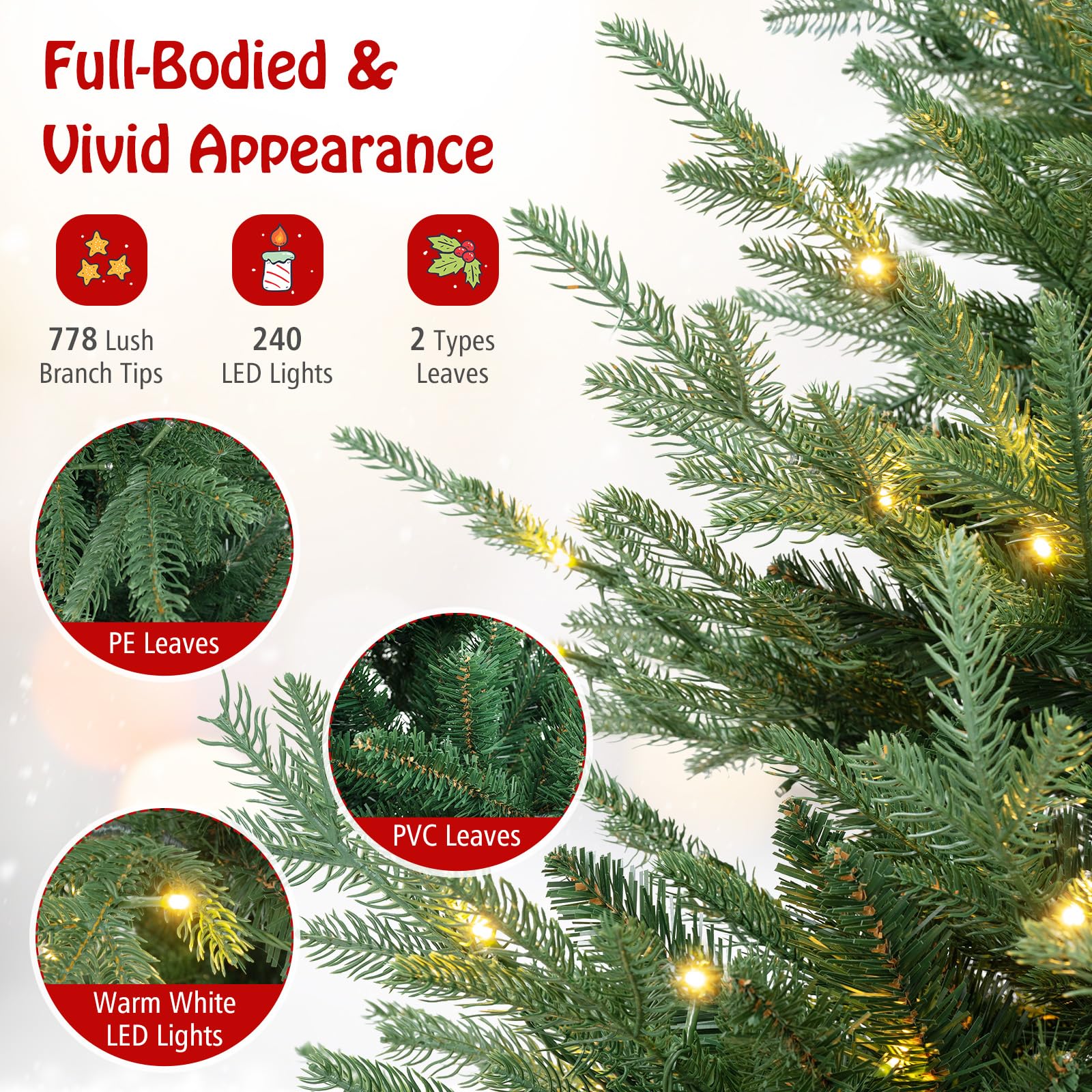 Goplus 6ft Faux Hinged Xmas Full Tree with 240 Warm White LED Lights, 778 Branch Tips - Image 3