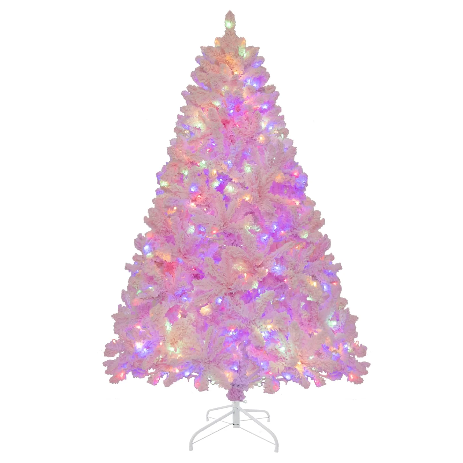 Goplus 6FT Pink Pre-lit Christmas Tree, Hinged Snow Flocked Artificial Xmas Tree, Seasonal Holiday Decoration for Office Home