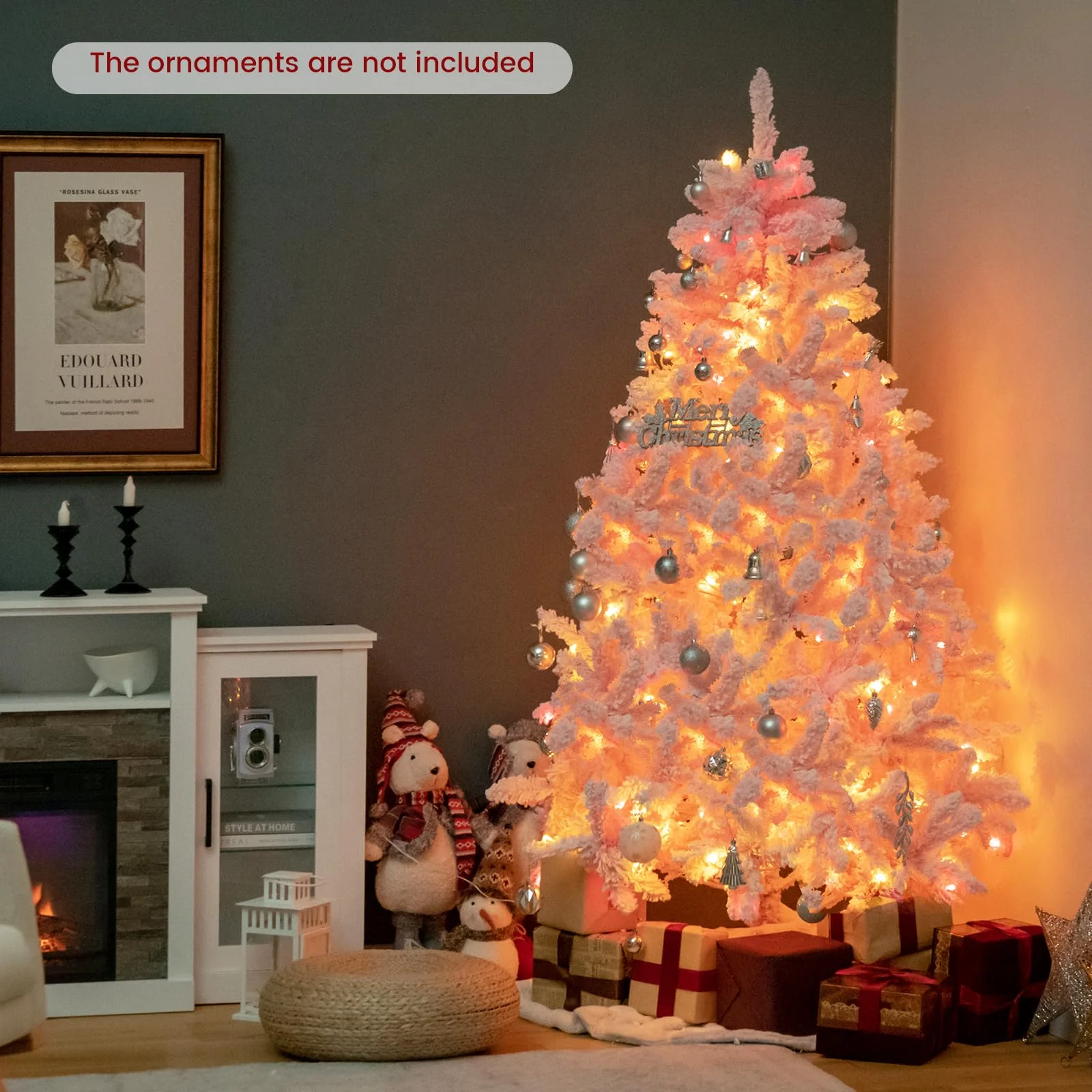 Goplus 6FT Pink Pre-lit Christmas Tree, Hinged Snow Flocked Artificial Xmas Tree, Seasonal Holiday Decoration for Office Home - Image 2