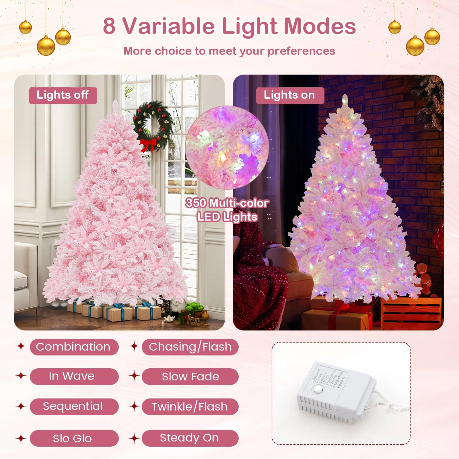 Goplus 6FT Pink Pre-lit Christmas Tree, Hinged Snow Flocked Artificial Xmas Tree, Seasonal Holiday Decoration for Office Home - Image 3
