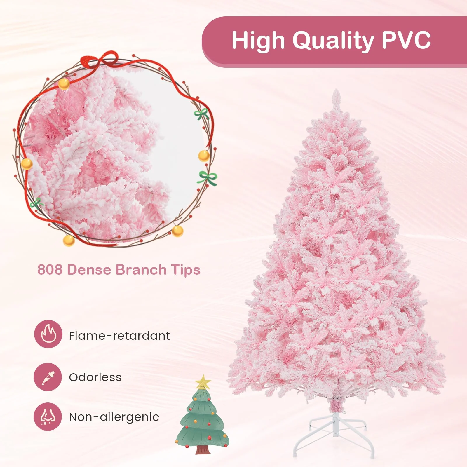 Goplus 6FT Pink Pre-lit Christmas Tree, Hinged Snow Flocked Artificial Xmas Tree, Seasonal Holiday Decoration for Office Home - Image 4
