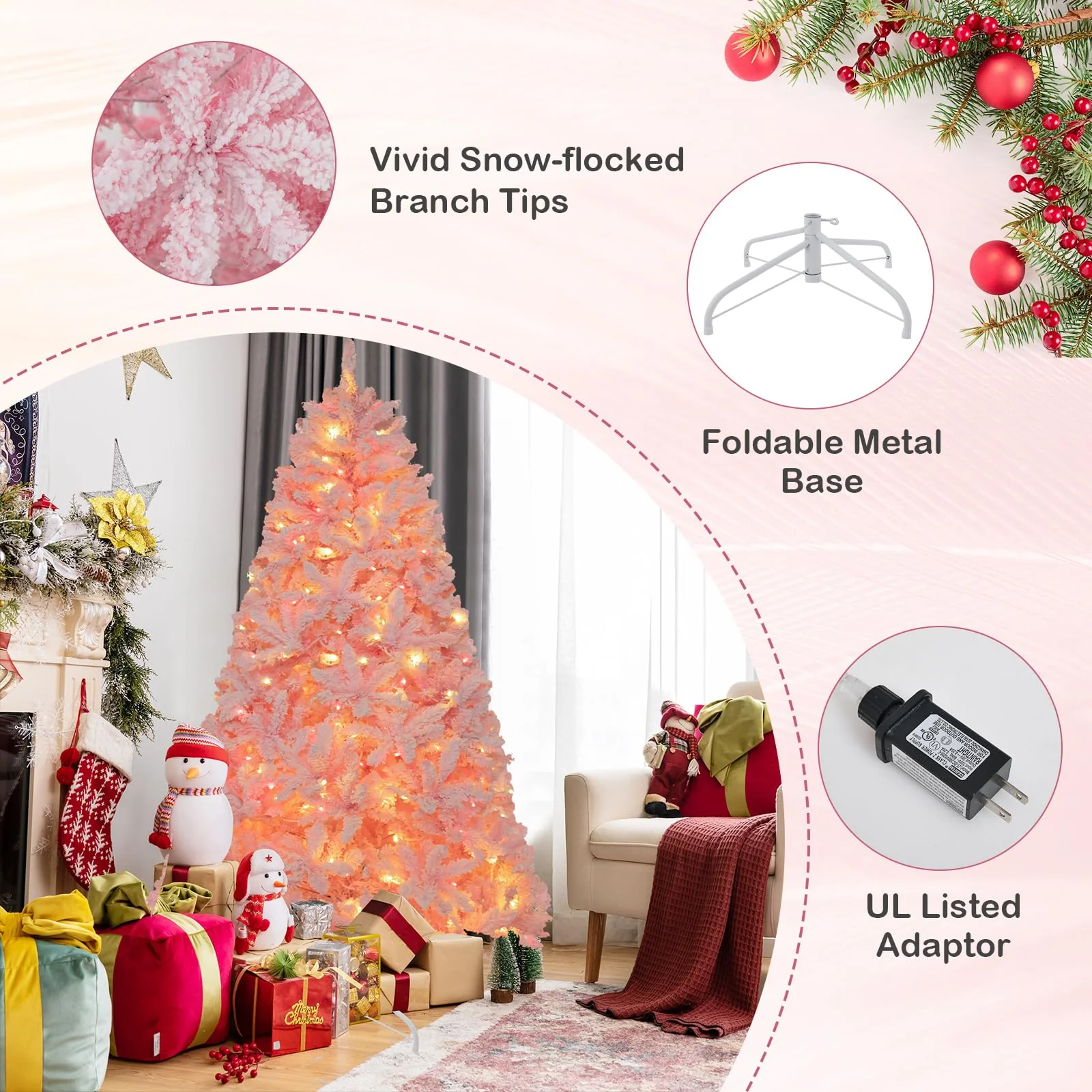 Goplus 6FT Pink Pre-lit Christmas Tree, Hinged Snow Flocked Artificial Xmas Tree, Seasonal Holiday Decoration for Office Home - Image 5