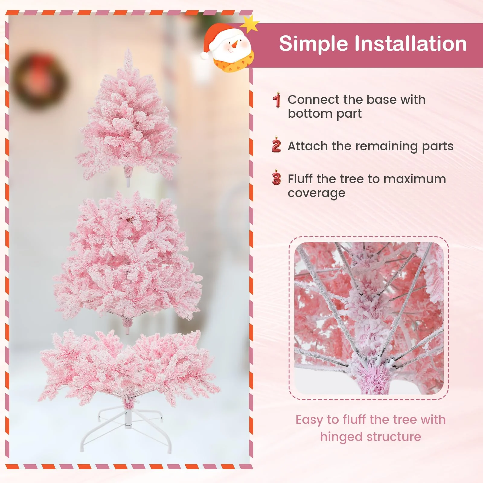 Goplus 6FT Pink Pre-lit Christmas Tree, Hinged Snow Flocked Artificial Xmas Tree, Seasonal Holiday Decoration for Office Home - Image 6
