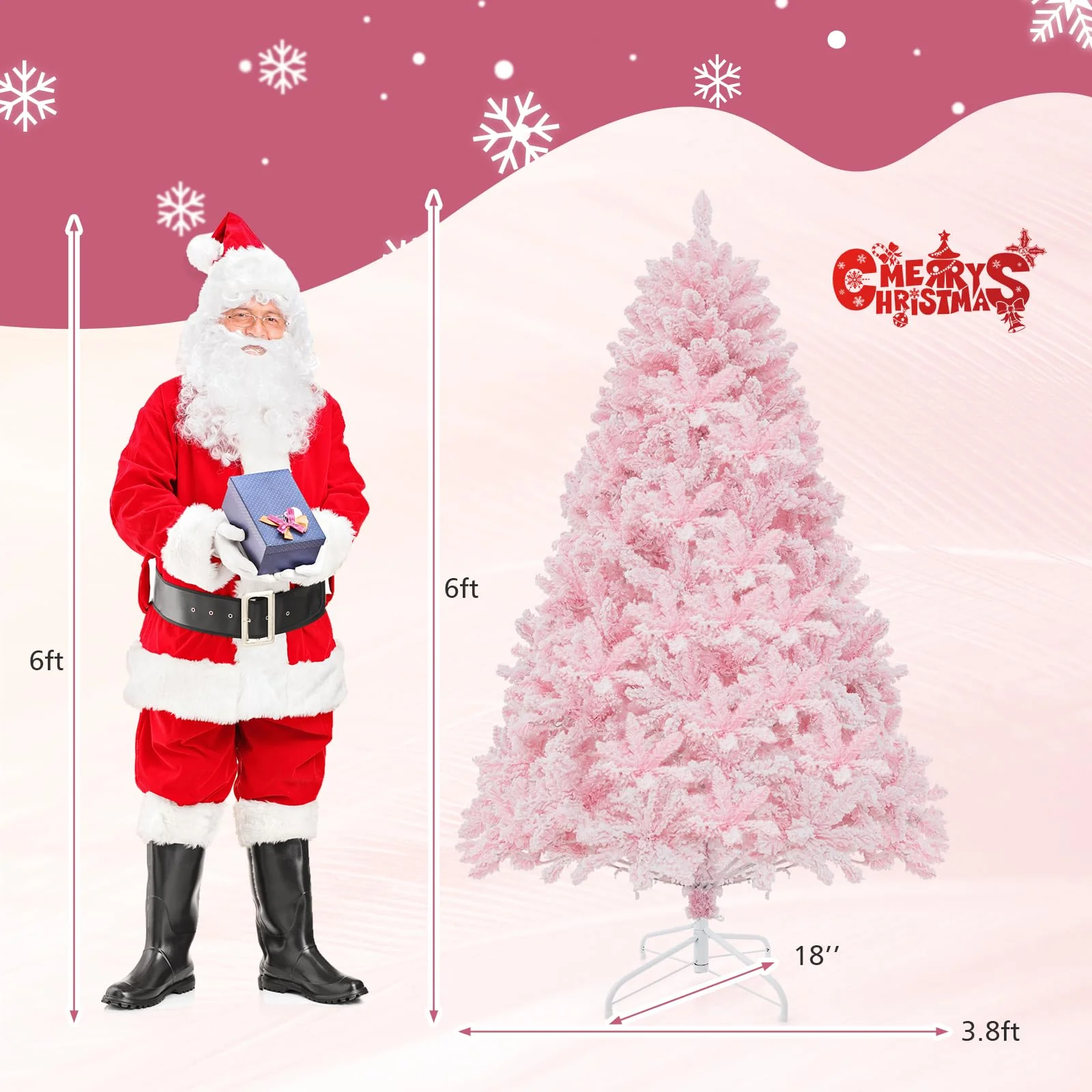 Goplus 6FT Pink Pre-lit Christmas Tree, Hinged Snow Flocked Artificial Xmas Tree, Seasonal Holiday Decoration for Office Home - Image 7
