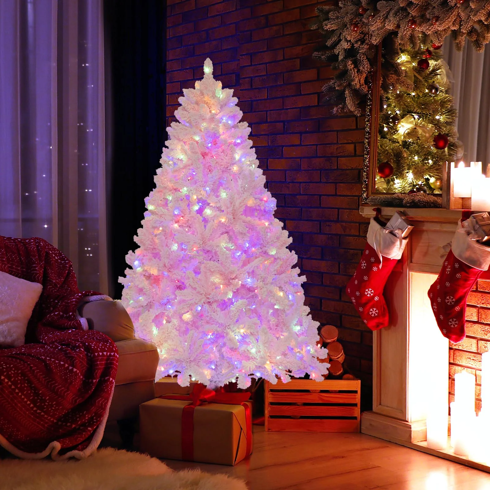 Goplus 6FT Pink Pre-lit Christmas Tree, Hinged Snow Flocked Artificial Xmas Tree, Seasonal Holiday Decoration for Office Home - Image 8