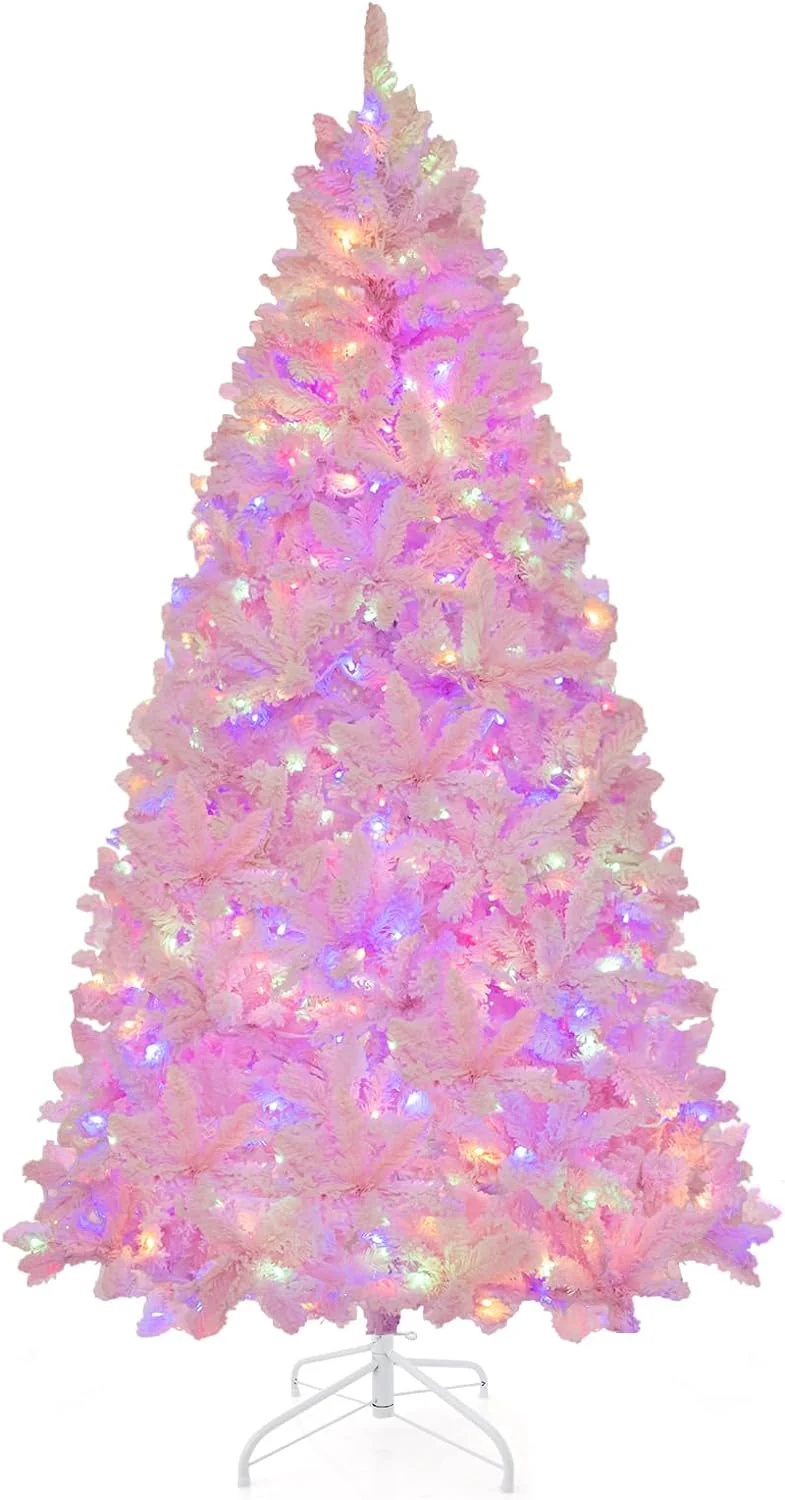 Goplus 6FT Pink Pre-lit Christmas Tree, Hinged Snow Flocked Artificial Xmas Tree, Seasonal Holiday Decoration for Office Home - Image 9