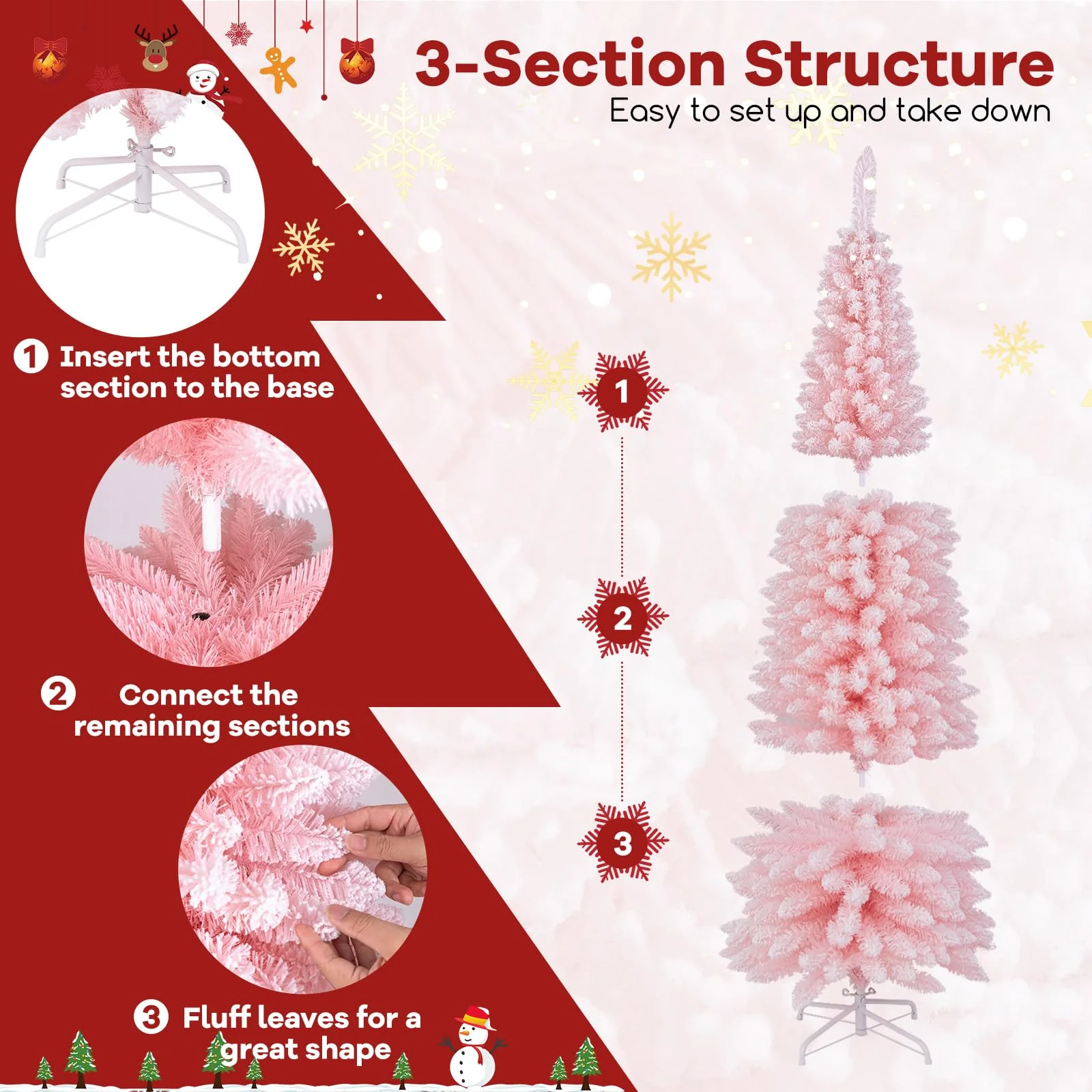 Goplus 6ft Pink Slim Pencil Christmas Tree, Artificial Unlit Skinny Xmas Full Tree with 460 Branch Tips - Image 3