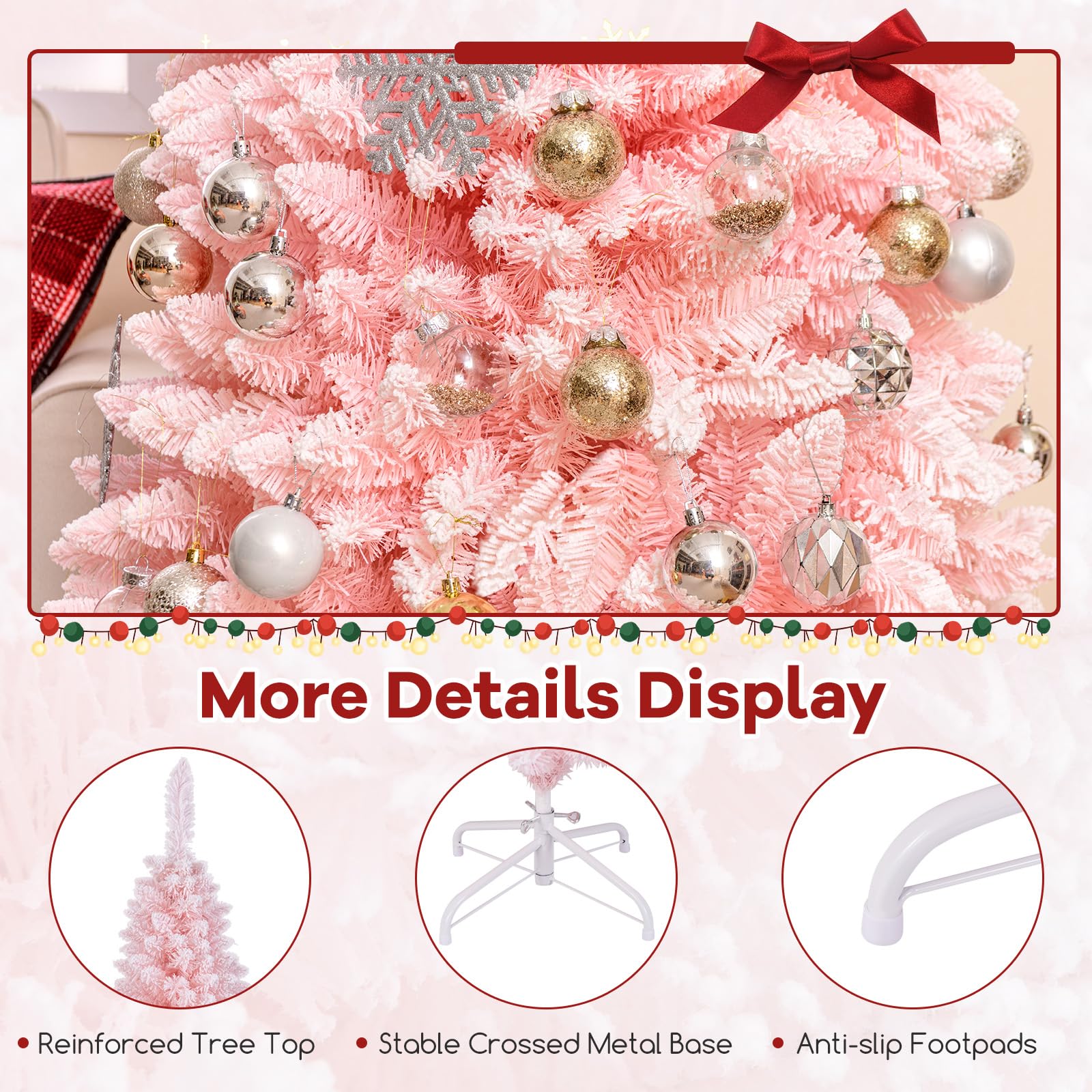 Goplus 6ft Pink Slim Pencil Christmas Tree, Artificial Unlit Skinny Xmas Full Tree with 460 Branch Tips - Image 5