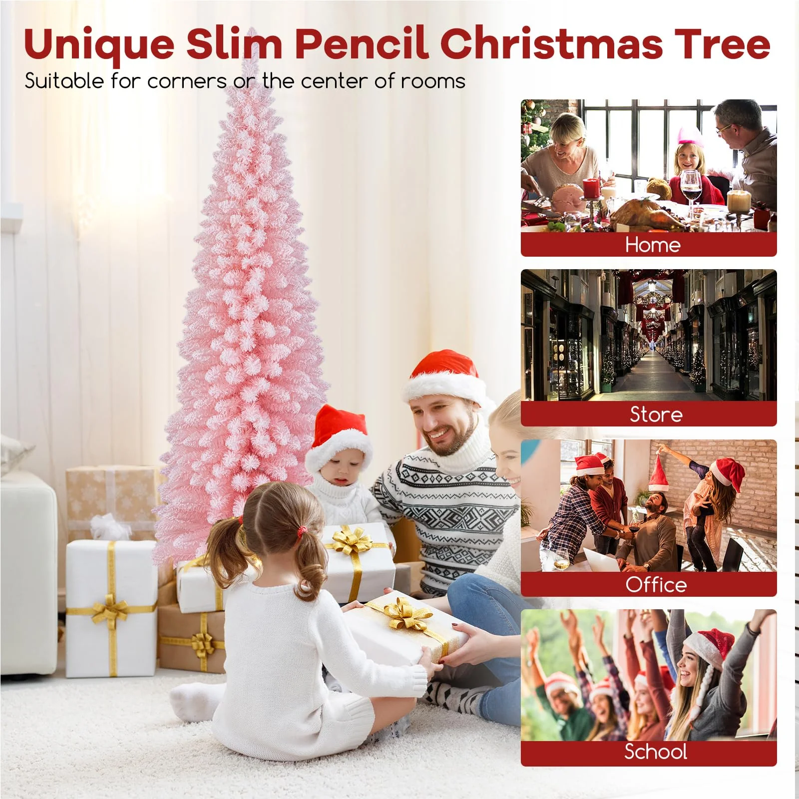 Goplus 6ft Pink Slim Pencil Christmas Tree, Artificial Unlit Skinny Xmas Full Tree with 460 Branch Tips - Image 7