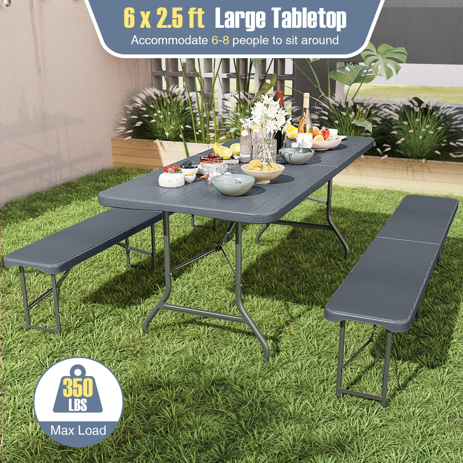 Goplus 6ft Plastic Folding Table, 350 LBS Indoor Outdoor Heavy Duty Portable Folding Tables with HDPE Tabletop - Image 4