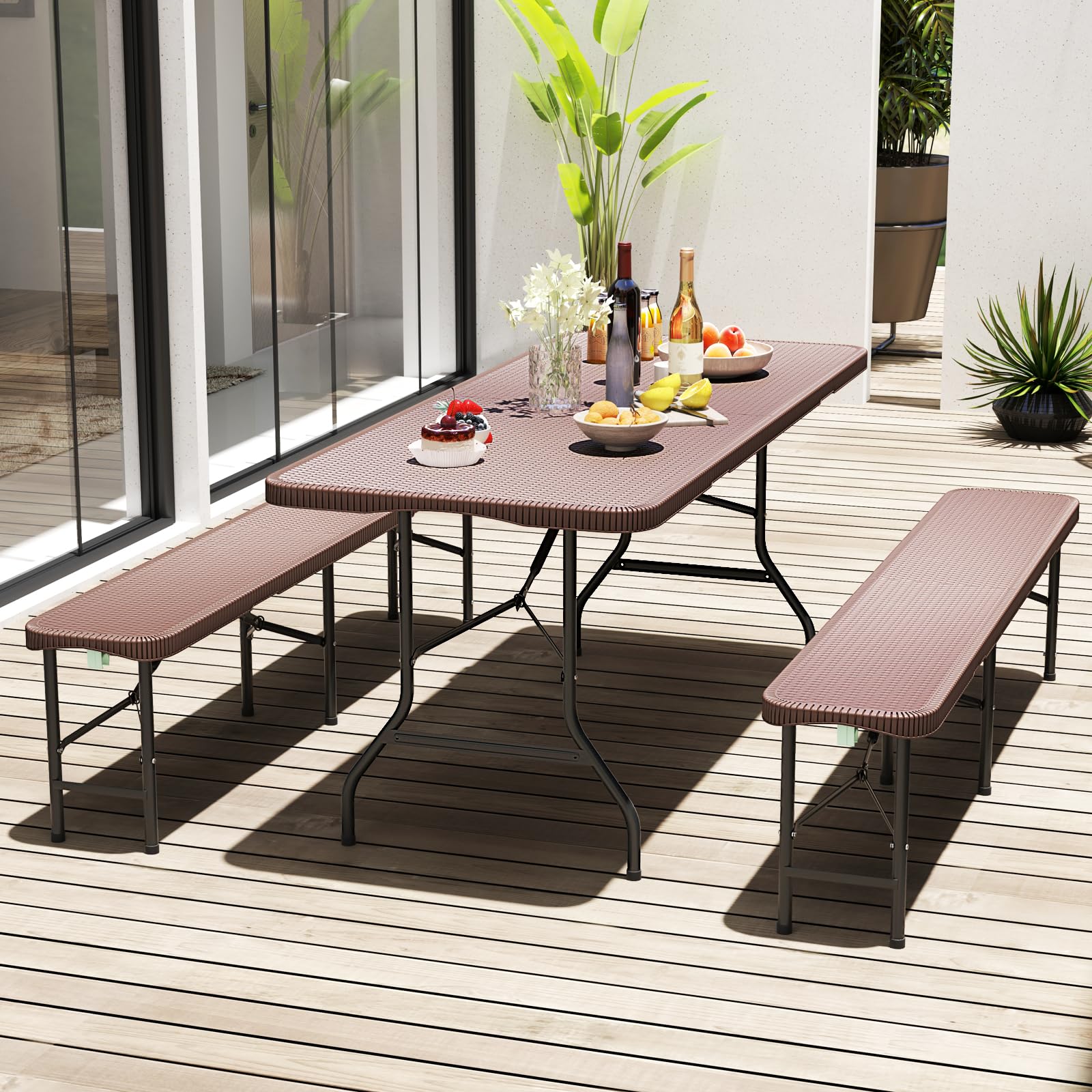 Goplus 6ft Plastic Folding Table, 350 LBS Outdoor Heavy Duty Folding Tables with Rattan-Like HDPE Tabletop - Image 2