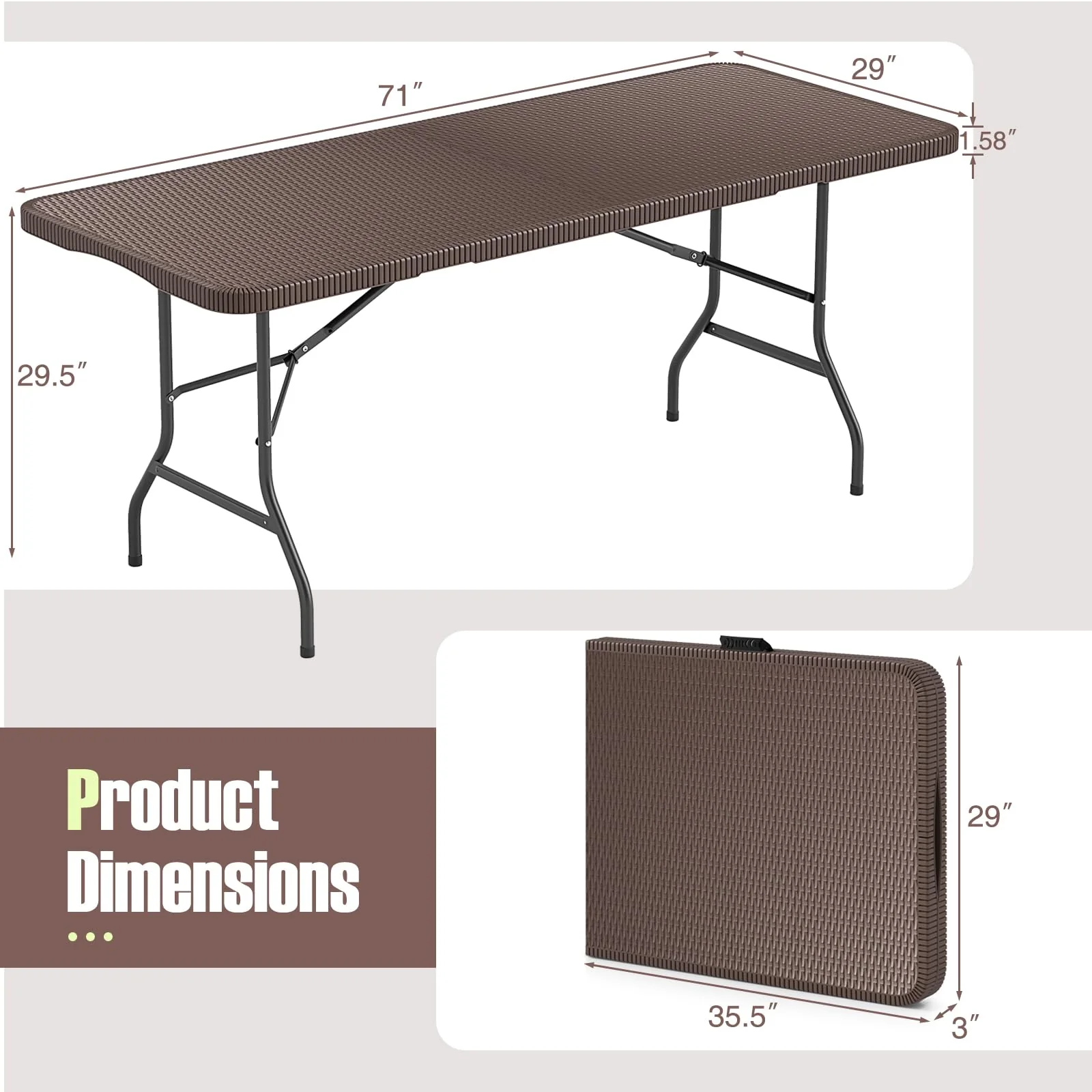 Goplus 6ft Plastic Folding Table, 350 LBS Outdoor Heavy Duty Folding Tables with Rattan-Like HDPE Tabletop - Image 3