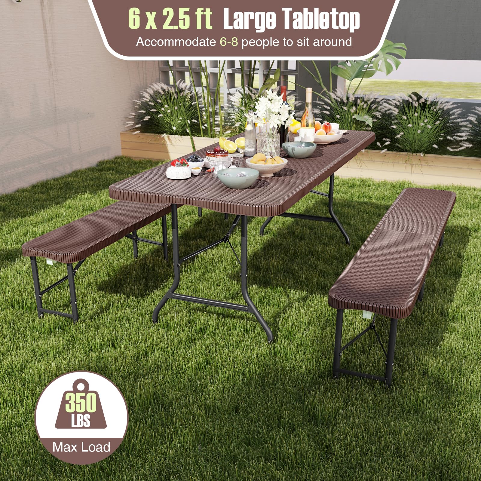 Goplus 6ft Plastic Folding Table, 350 LBS Outdoor Heavy Duty Folding Tables with Rattan-Like HDPE Tabletop - Image 4