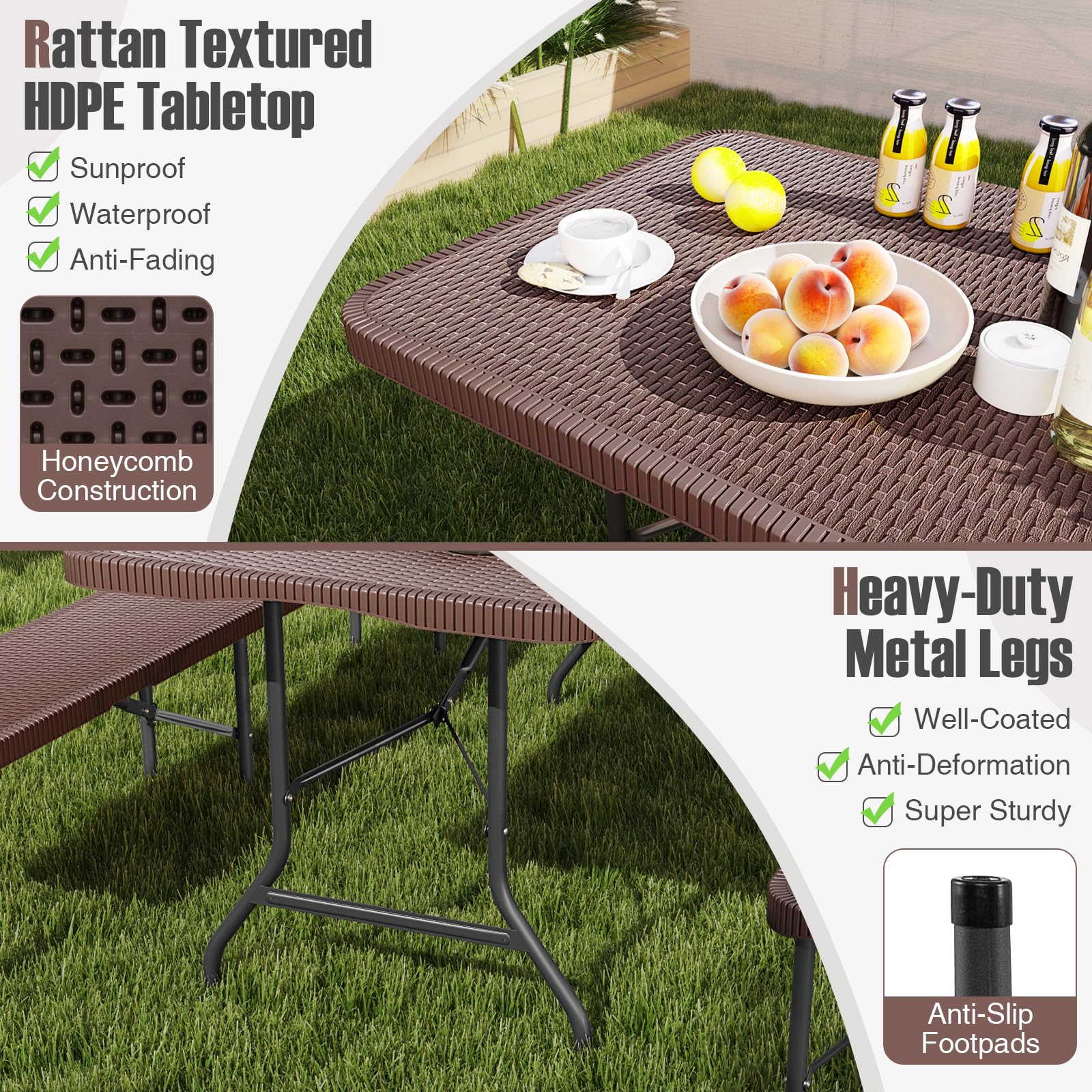 Goplus 6ft Plastic Folding Table, 350 LBS Outdoor Heavy Duty Folding Tables with Rattan-Like HDPE Tabletop - Image 5