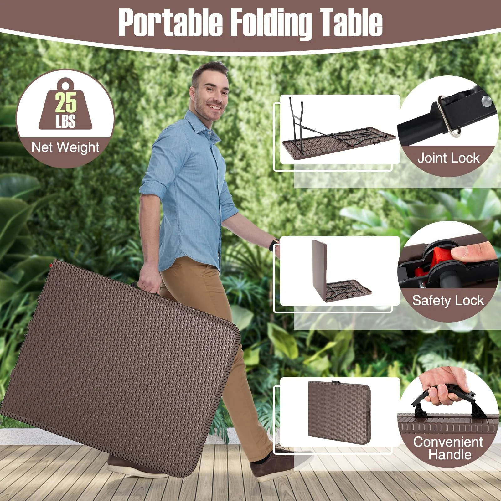 Goplus 6ft Plastic Folding Table, 350 LBS Outdoor Heavy Duty Folding Tables with Rattan-Like HDPE Tabletop - Image 6