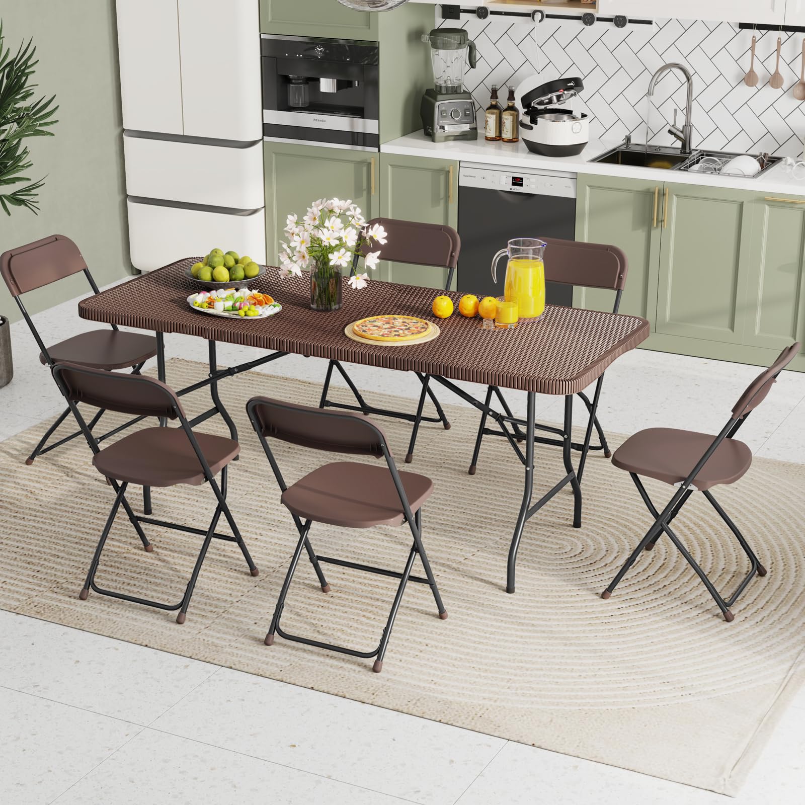Goplus 6ft Plastic Folding Table, 350 LBS Outdoor Heavy Duty Folding Tables with Rattan-Like HDPE Tabletop - Image 7