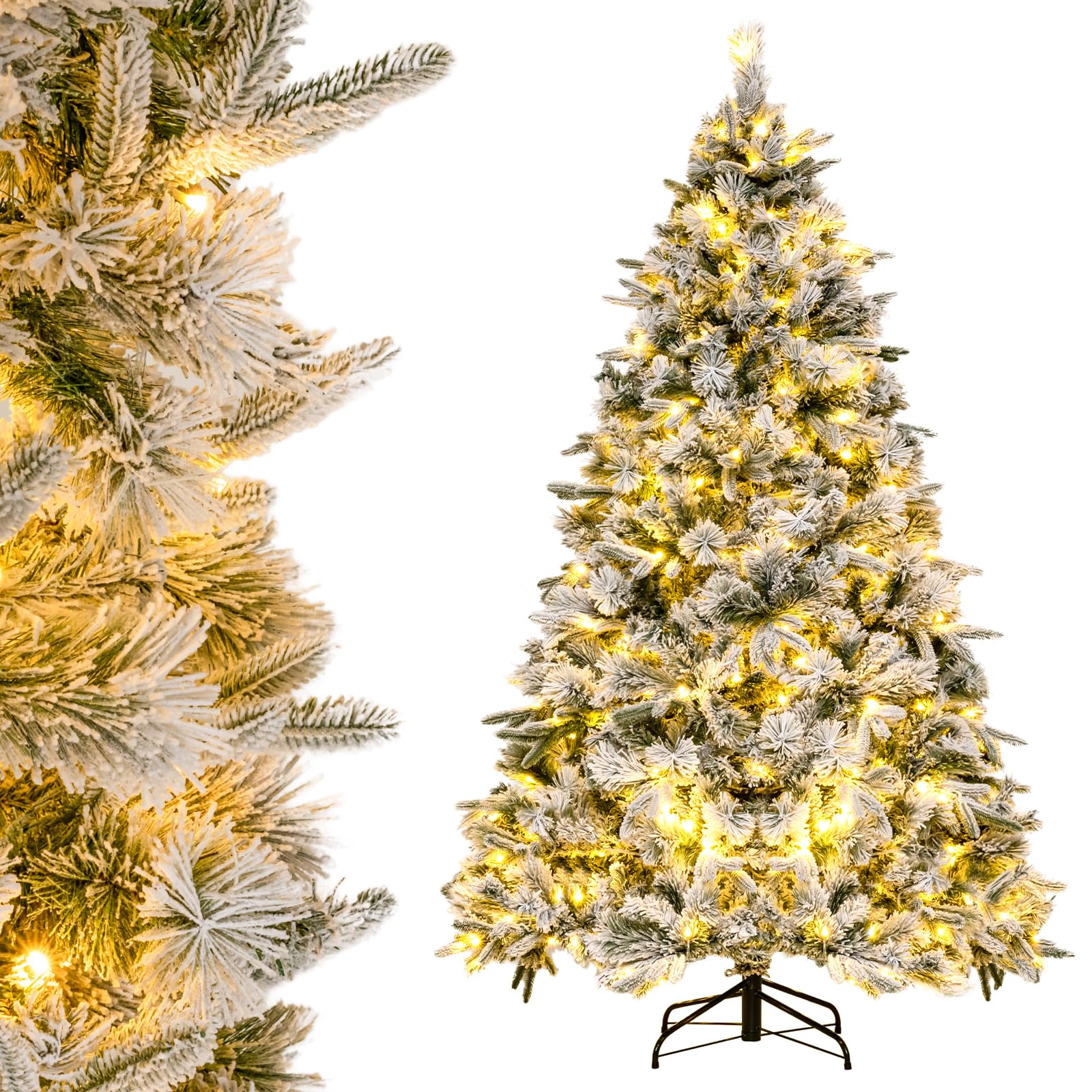 Goplus 6ft Pre-Lit Snow Flocked Artificial Christmas Tree, Pine Needles, for Holiday Party Office Home Decor