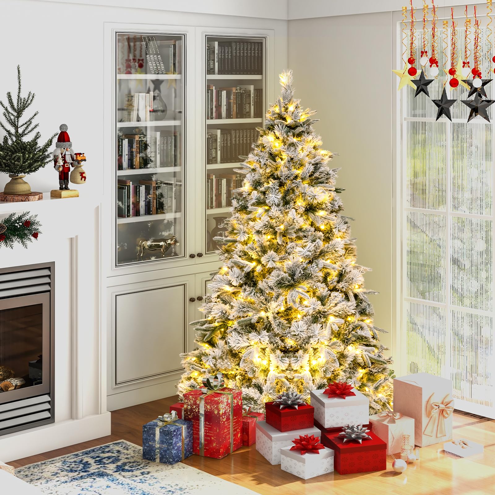 Goplus 6ft Pre-Lit Snow Flocked Artificial Christmas Tree, Pine Needles, for Holiday Party Office Home Decor - Image 3