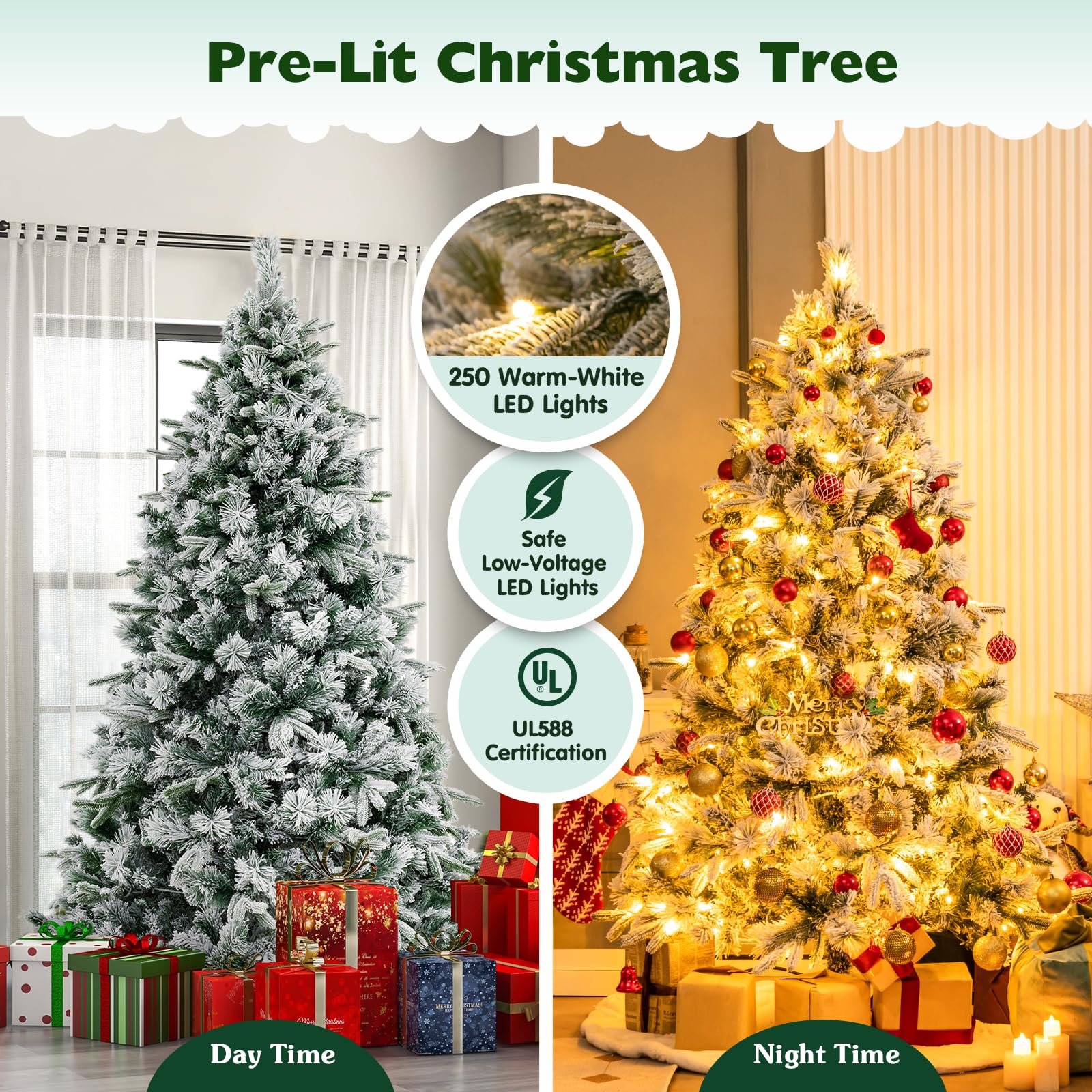 Goplus 6ft Pre-Lit Snow Flocked Artificial Christmas Tree, Pine Needles, for Holiday Party Office Home Decor - Image 4