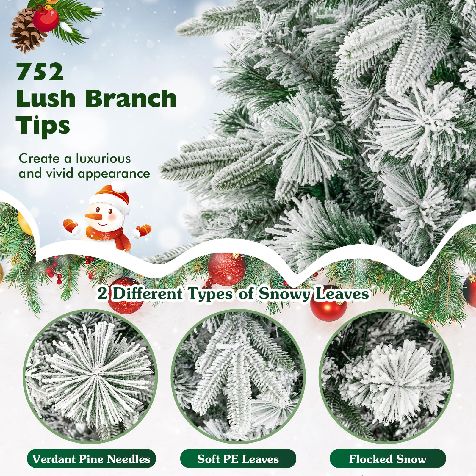 Goplus 6ft Pre-Lit Snow Flocked Artificial Christmas Tree, Pine Needles, for Holiday Party Office Home Decor - Image 5