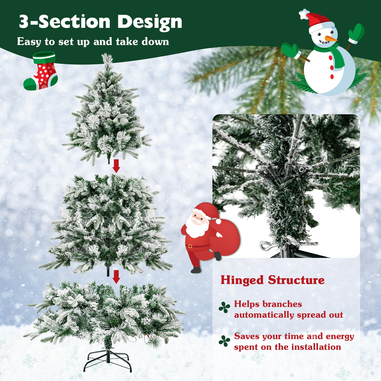 Goplus 6ft Pre-Lit Snow Flocked Artificial Christmas Tree, Pine Needles, for Holiday Party Office Home Decor - Image 6