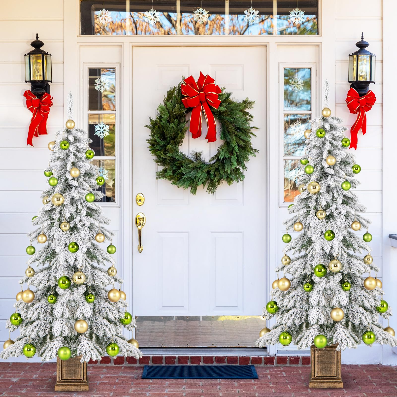 Goplus 6ft Snow Flocked Christmas Tree for Entrances, Hinged Artificial Potted Xmas Tree with 48 Ball Ornaments - Image 2