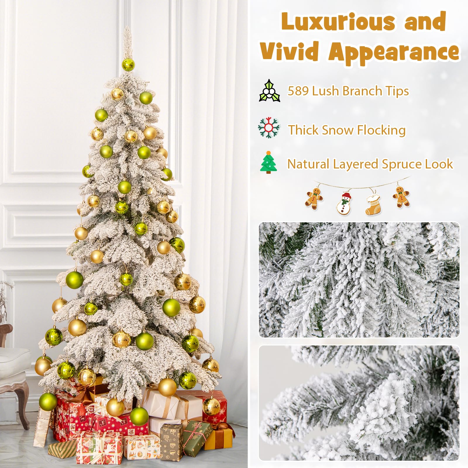Goplus 6ft Snow Flocked Christmas Tree for Entrances, Hinged Artificial Potted Xmas Tree with 48 Ball Ornaments - Image 3