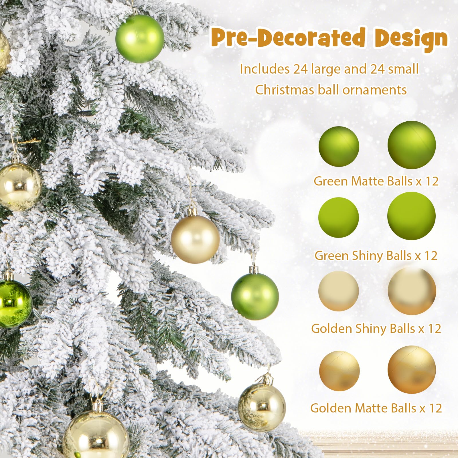 Goplus 6ft Snow Flocked Christmas Tree for Entrances, Hinged Artificial Potted Xmas Tree with 48 Ball Ornaments - Image 4