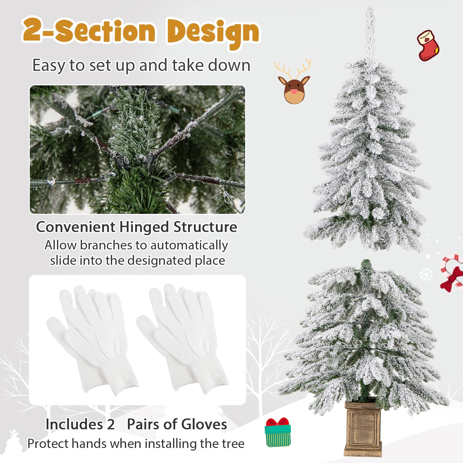 Goplus 6ft Snow Flocked Christmas Tree for Entrances, Hinged Artificial Potted Xmas Tree with 48 Ball Ornaments - Image 5