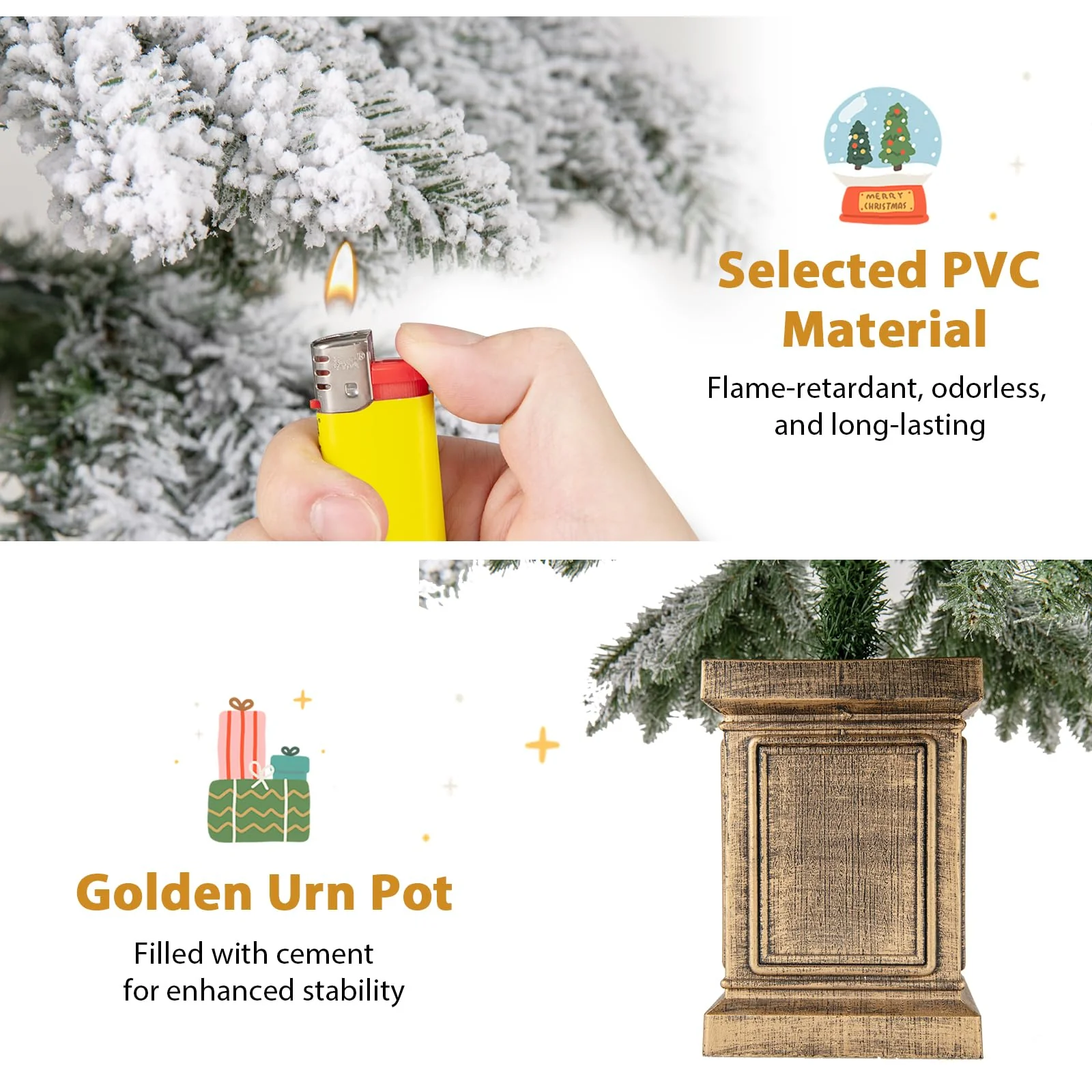 Goplus 6ft Snow Flocked Christmas Tree for Entrances, Hinged Artificial Potted Xmas Tree with 48 Ball Ornaments - Image 6