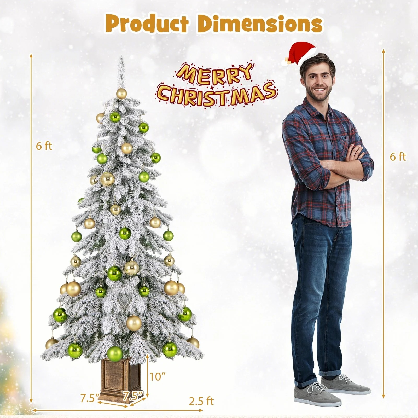 Goplus 6ft Snow Flocked Christmas Tree for Entrances, Hinged Artificial Potted Xmas Tree with 48 Ball Ornaments - Image 7