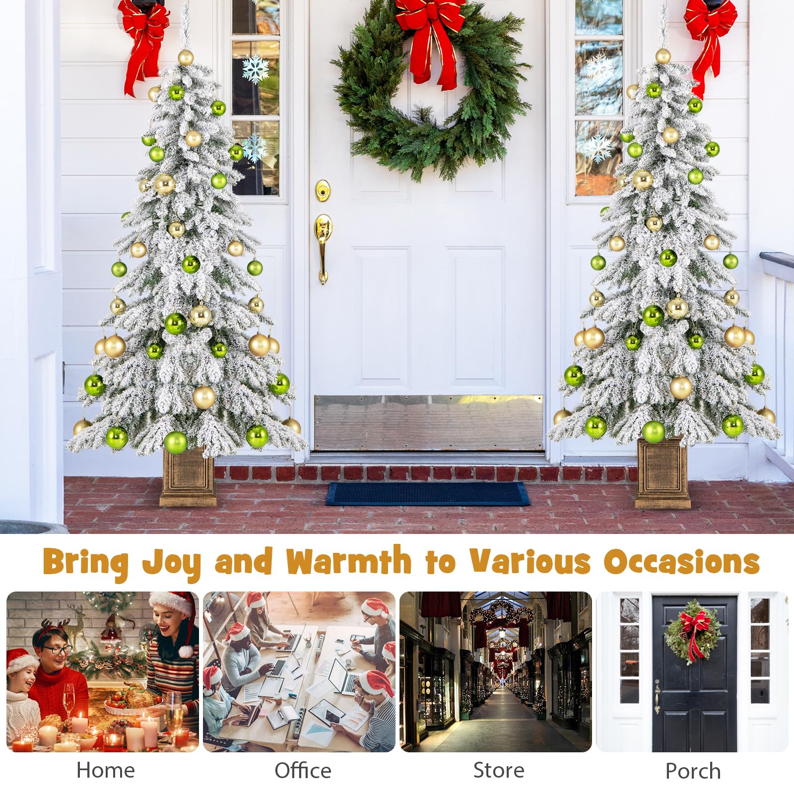 Goplus 6ft Snow Flocked Christmas Tree for Entrances, Hinged Artificial Potted Xmas Tree with 48 Ball Ornaments - Image 8