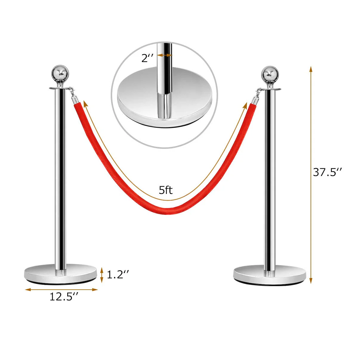Goplus 6Pcs Stanchion Set, Round Top Polished Stainless Stanchions Posts Queue Pole - Image 7