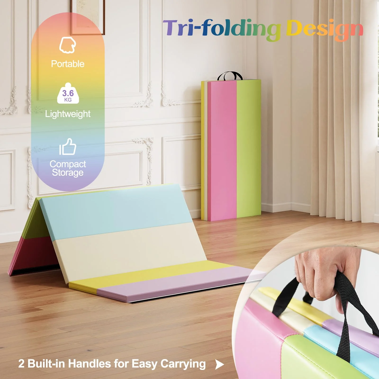 Goplus 6'x4' 3-Panel Folding Tumbling Mat w/Carrying Handles Hook&Loop Fastener - Image 6