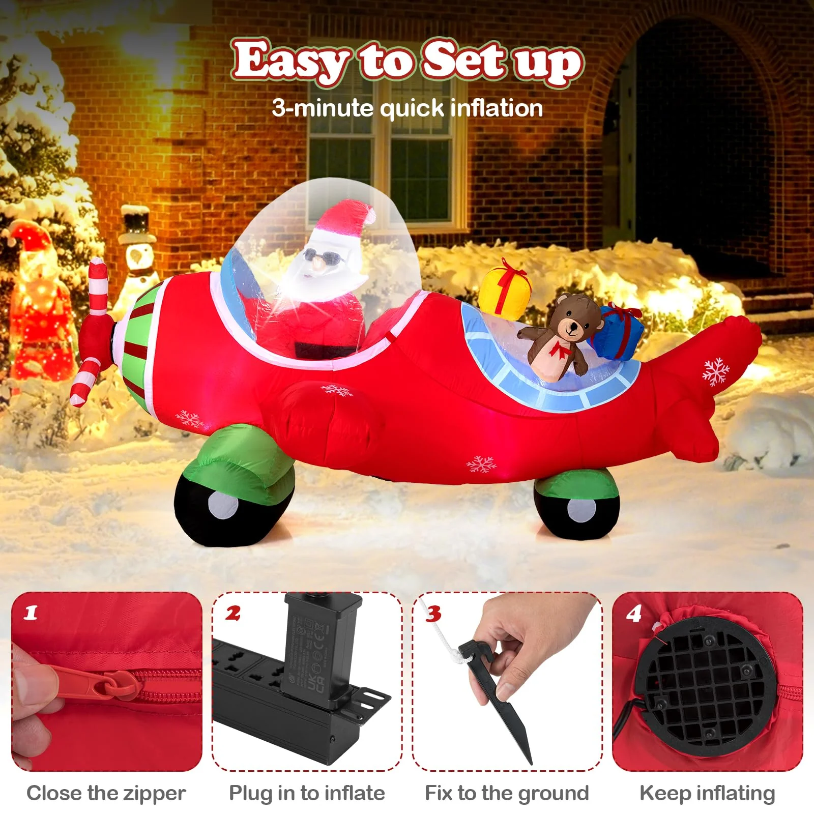 Goplus 7.2 Ft Animated Inflatable Santa on Plane Pre-lit Blow up Yard Decoration - Image 7